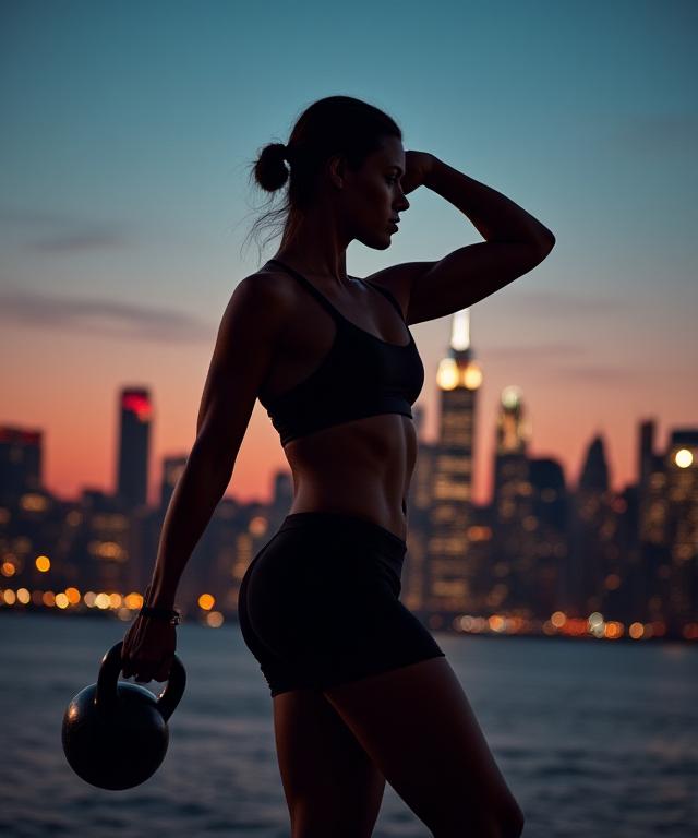 Fitness enthusiast lifting kettlebells outdoors